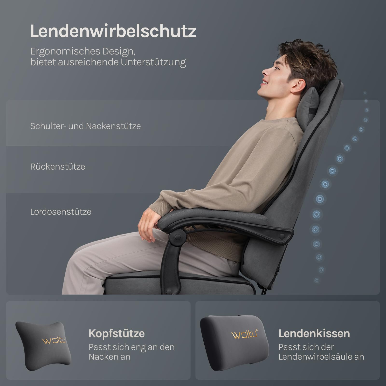WOLTU Gaming Stuhl Stoff mit Bequemlichkeit Federunterlage, Kühl im Sommer, Gamer Chair Sessel Hohe Belastbarkeit ergonomischer mit Kopfkissen, Lendenkissen, Fußstütze, Tech-Stoff, Grau