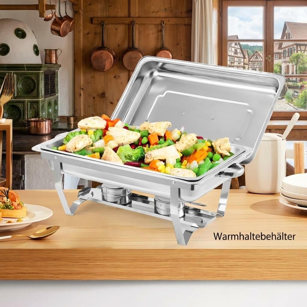 GarveeHome 2er Set Chafing Dish 7,5L Edelstahl Buffetwärmer Speisenwärmer | Brennpastenbehälter inkl.; Hochglanz-Optik; Rechteckig; Spülmaschinenfest; Warmhaltefunktion; Catering & Party-Zubehör