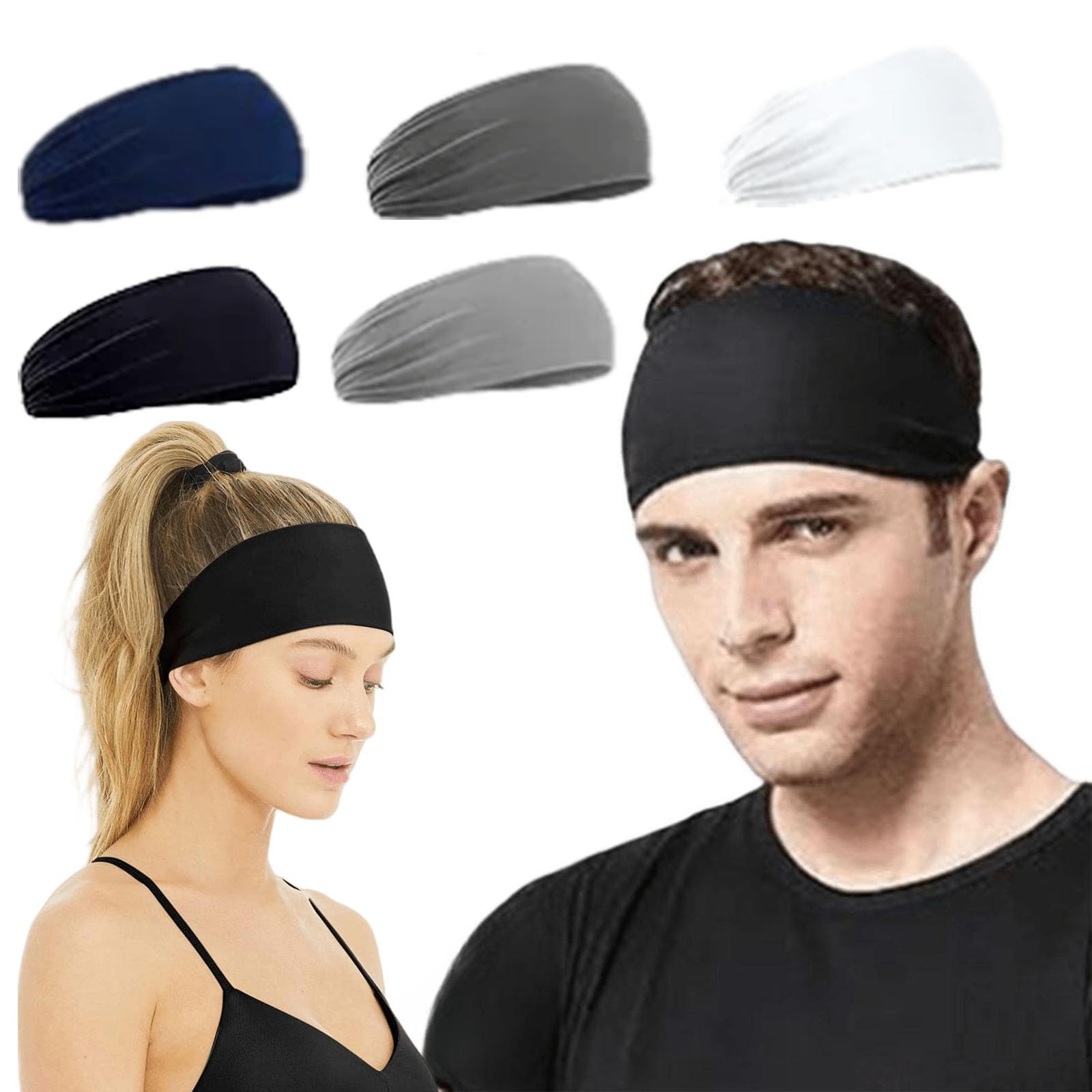 RÃNY W5 Pack Headband for Men Women, Non Slip Adjustable Sports Workout Sweatbands, Unisex Headband for Running, Cycling, Basketball, Yoga, Fitness Workout Stretchy Unisex Hairband