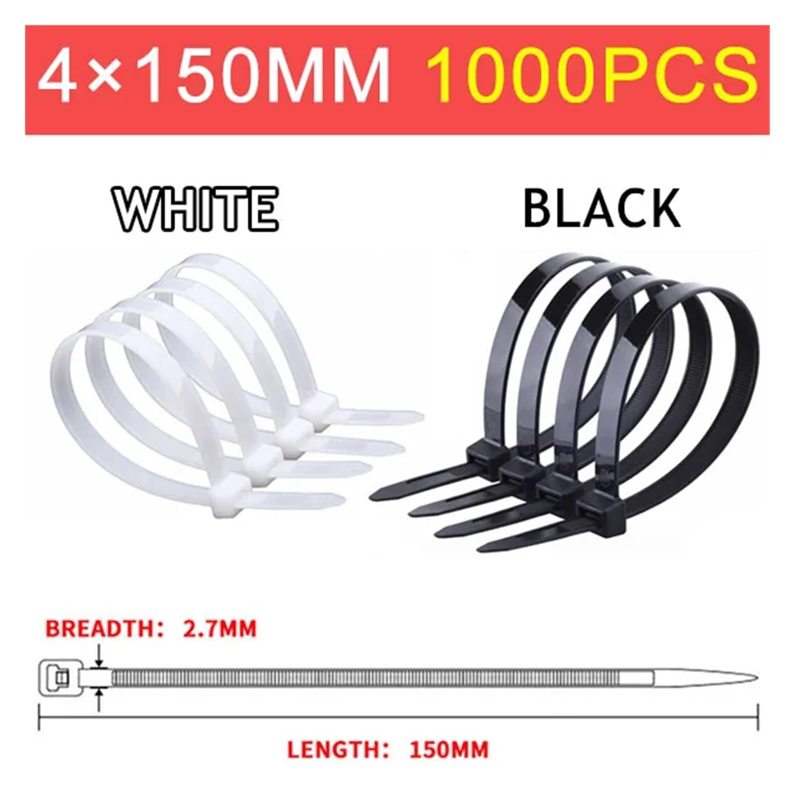 Bridas de nylon ABS con cierre automático, Bridas for cables de nailon autoblocantes Blanco Negro (3-5) x (100-300) mm 1000/5000/10000 PCS(4x150mm,Black(5000PCS))
