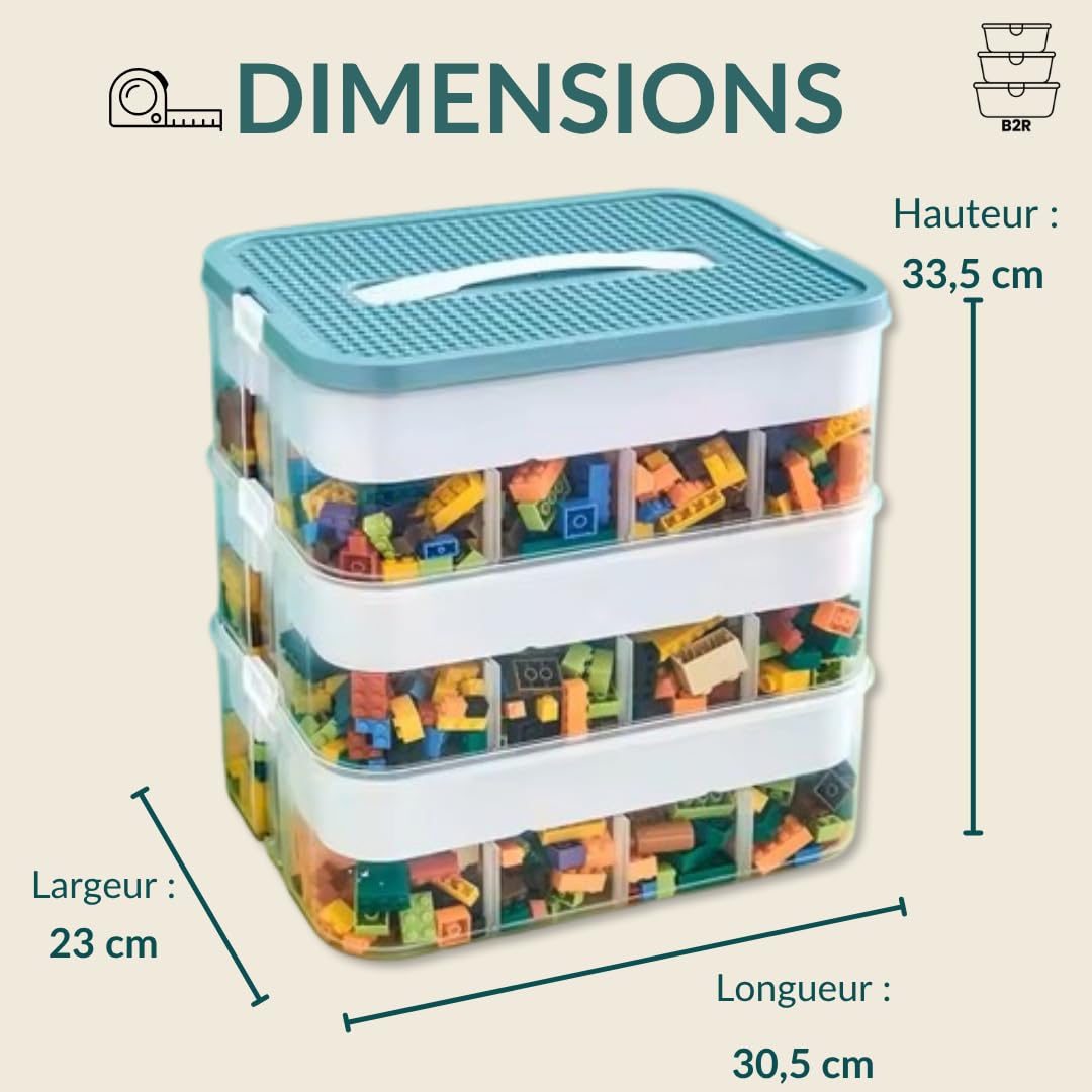 B2R Boite Rangement Plastique pour Lego Briques – 3 Couches Empilable Transparente Verte – Couvercle Plateau de Jeu – Compartiments Réglables Rangement Jouets Enfant
