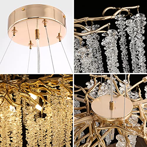 Akeelighting Gold Crystal Chandelier Modern Rectangle Linear Chandeliers Tree Branch Chandelier Lighting 13 Light Dining Room Foyer High Ceiling Large Raindrop Hanging Light Fixture L47 #TOP4