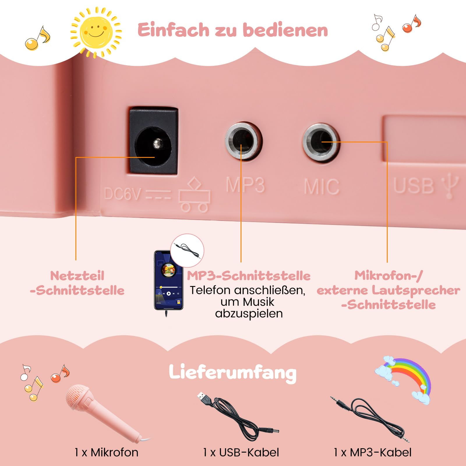 COSTWAY Klawiatura dla dzieci z 25 przyciskami, elektroniczna z taboretem, mikrofonem i stojakiem na nuty, przenośny instrument muzyczny, pianino dziecięce, klawiatura fortepianowa dla dzieci od 3 lat