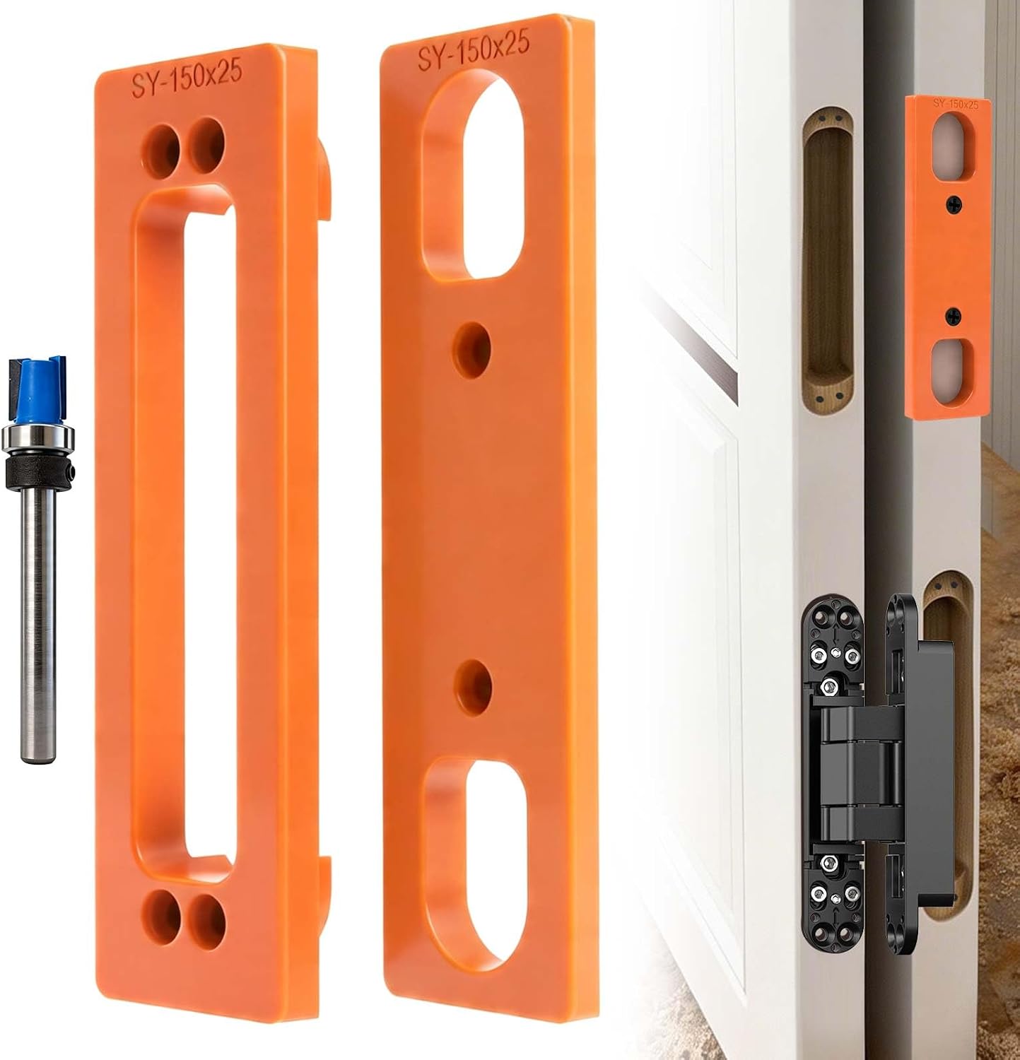 Hidden Door Hinge Jig, 6" Concealed Hinge Template for Hidden Door | Durable ABS construction, fits 6" hidden door hinges, reusable design. Package includes templates and milling cutter.