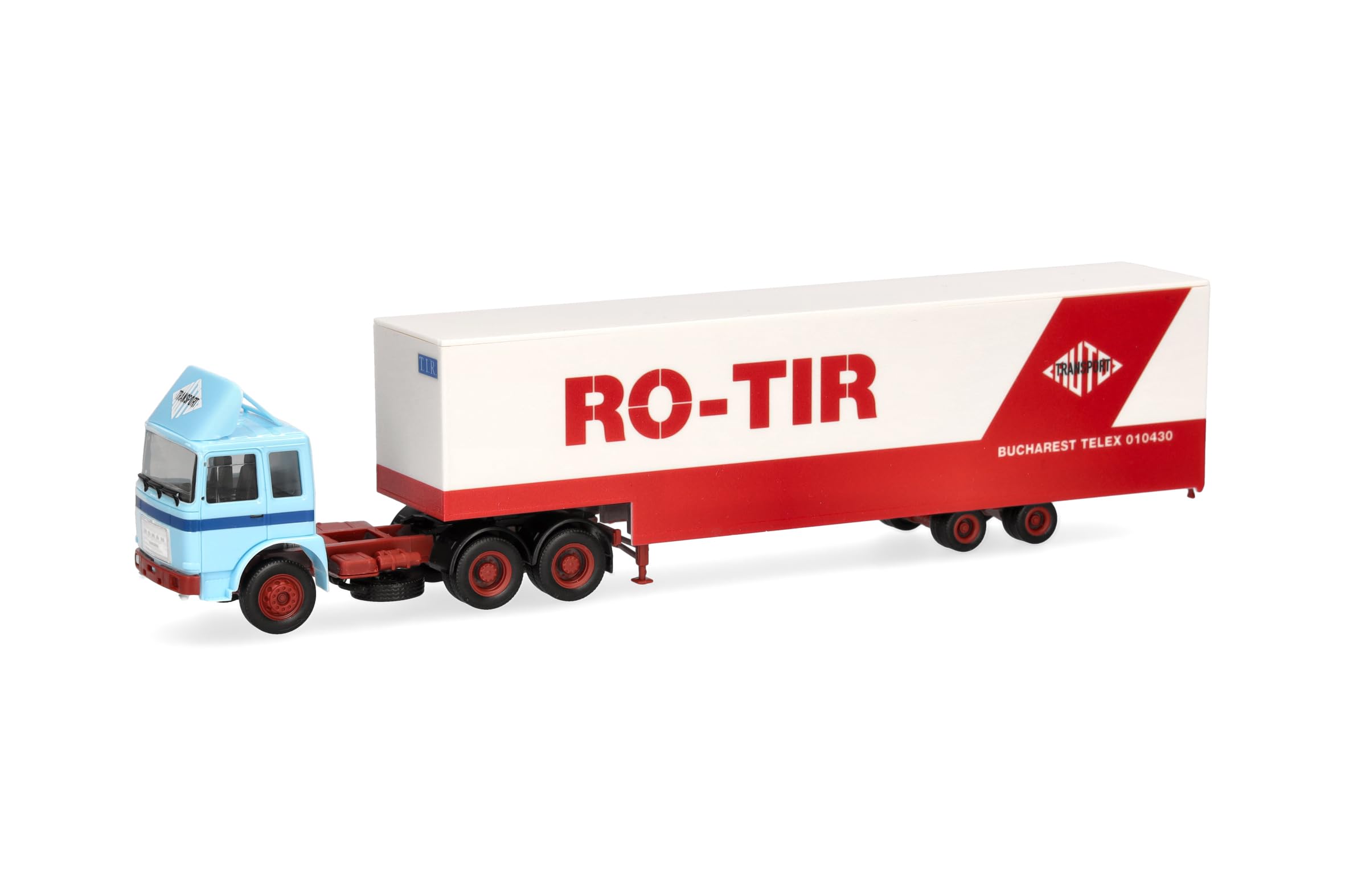 Herpa model ciężarówki Roman Diesel 6x4 zestaw z naczepą Jumbo „RO-TIR” (Rumunia), miniatura w skali 1:87, model kolekcjonerski, Made in Germany, tworzywo sztuczne