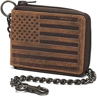 RFID Blocking Mens Full Grain Leather Zip-Around Chain Wallet,brown,20-100 | Vintage Bi-fold, 19" Biker chain, 3 dollar compartments (1 hidden zipper), 11 cards & 2 IDs, compact high capacity + gift box
