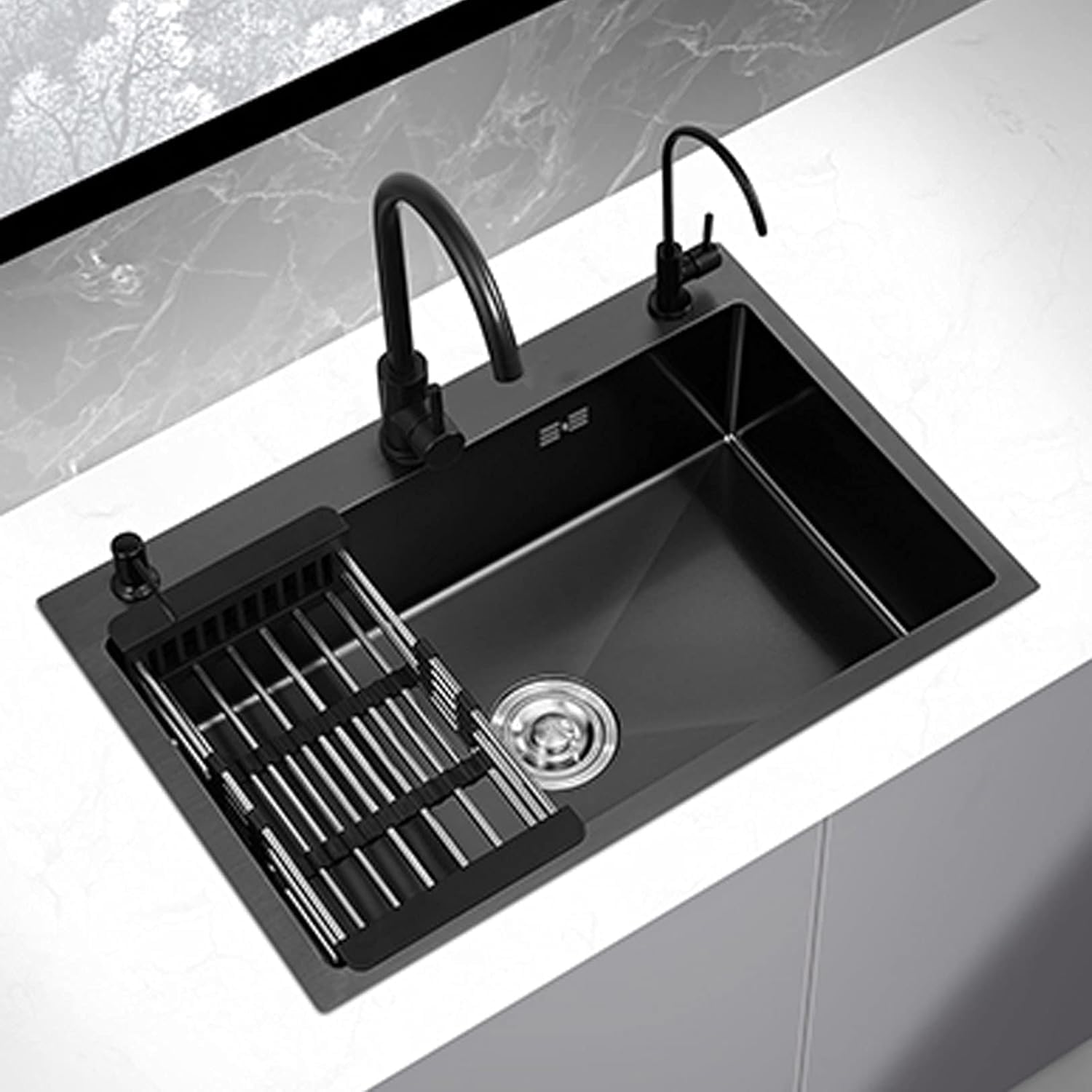 Fregadero de acero inoxidable negro, fregadero de cocina rectangular grande de un seno de montaje superior con kit de desagüe/bandeja de desagüe (72x45cm(28.35x17.72in))