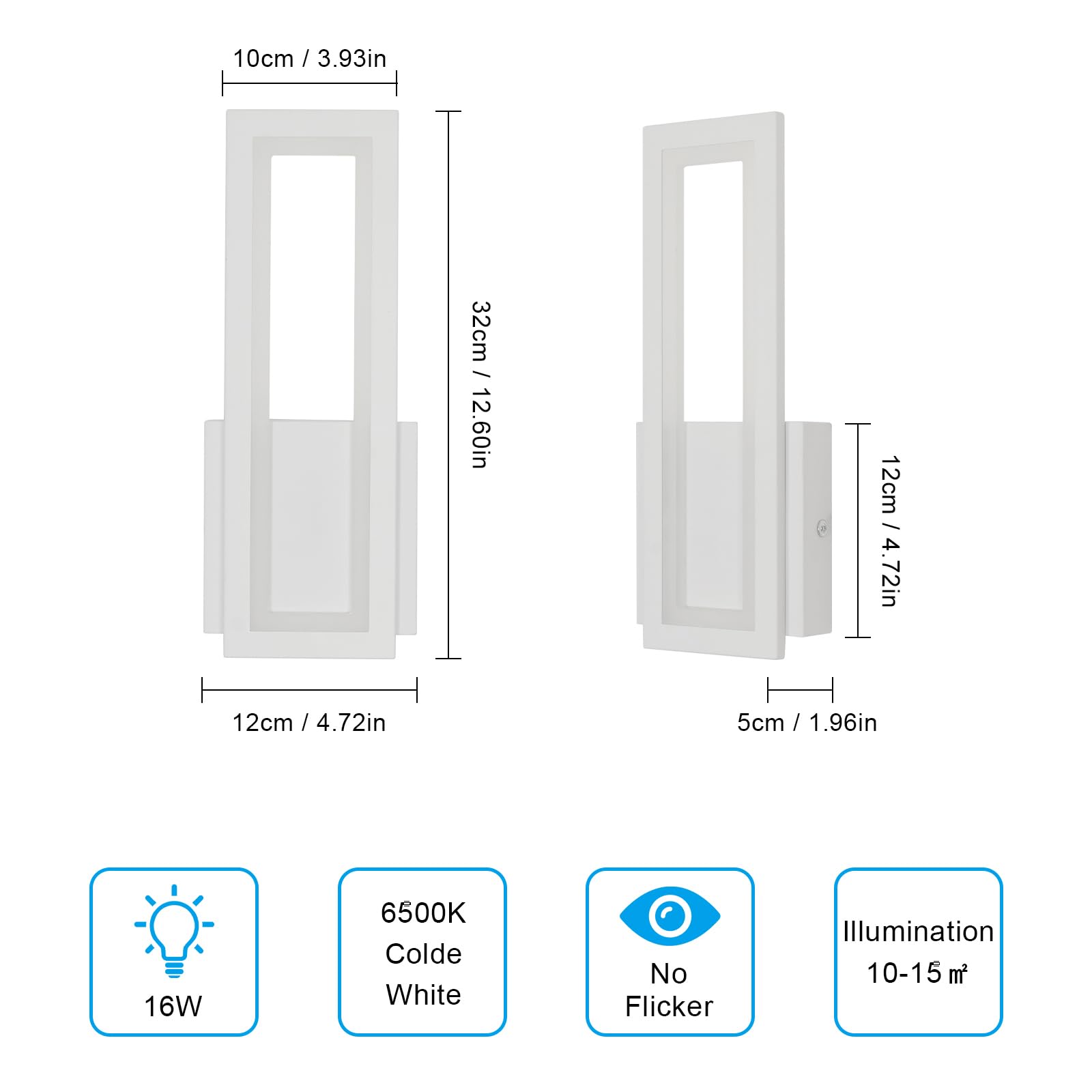 Aplique de Pared Interior LED, Lámpara de Pared LED Moderno 16W 1800LM, Luz de Pared Blanco Moderna en Acrílico, Iluminación de Pared para Dormitorio, Pasillo, Escalera, 6500K Luz Blanca, 32CM