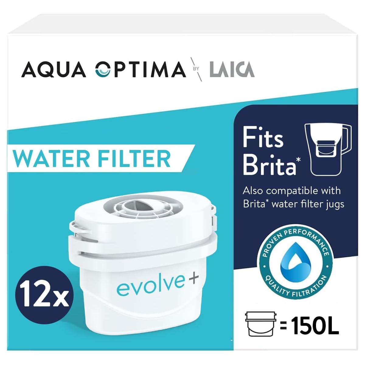 Aqua Optima Water Filter Cartridges, Evolve+ 12 Pack, Fits Brita Maxtra+ and PerfectFit Jugs, 5 Stage Filtration System Reduces Chlorine, Limescale & Other Impurities, 12 Months Supply