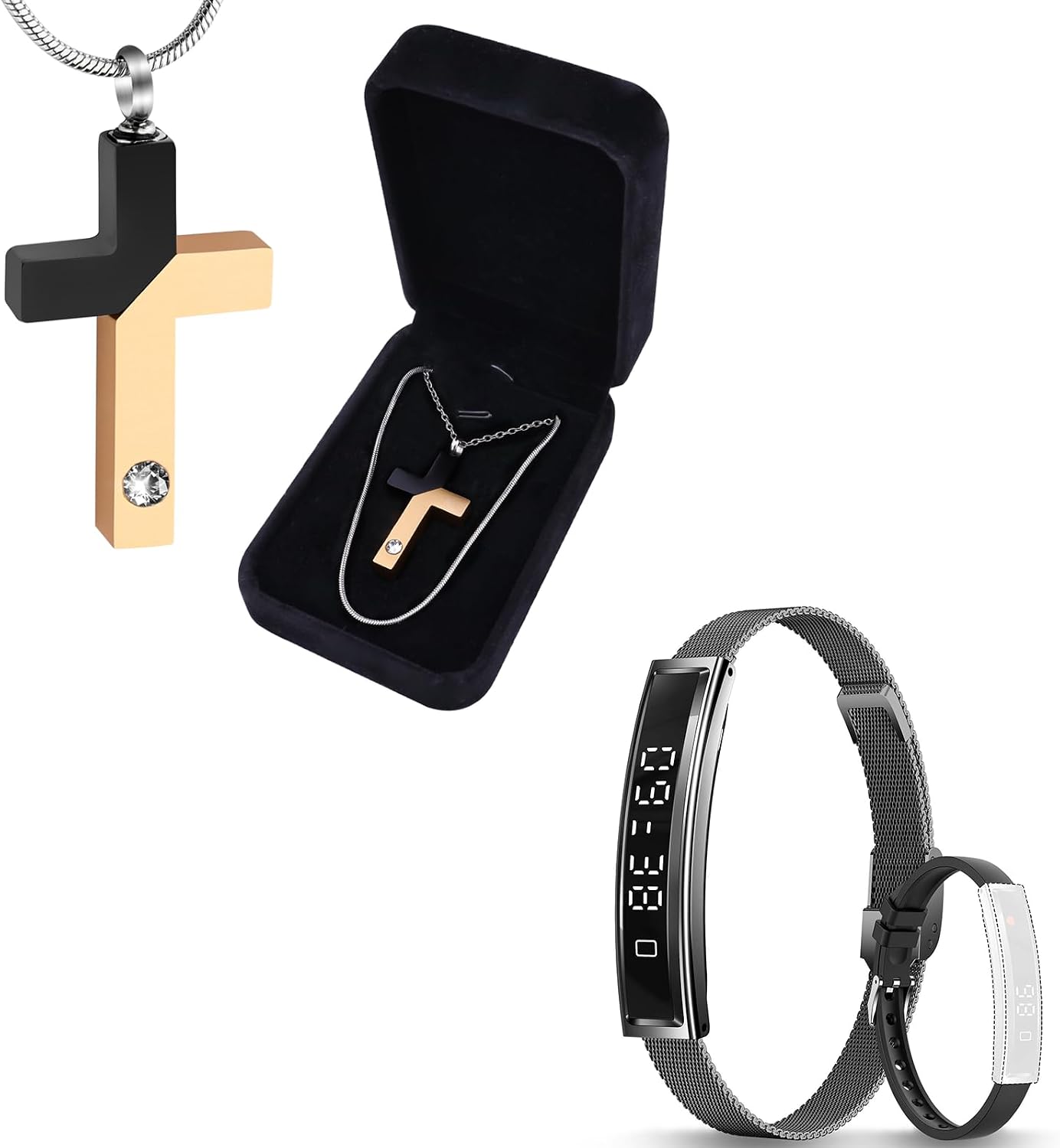 Smart Bracelet Fitness Tracker B3 & Cremation Ashes Cross Necklace Set, 5ATM Waterproof Health Tracker Band with 24/7 Heart Rate Sleep Monitor & Stainless Steel Memorial Urn Pendant with Fillin