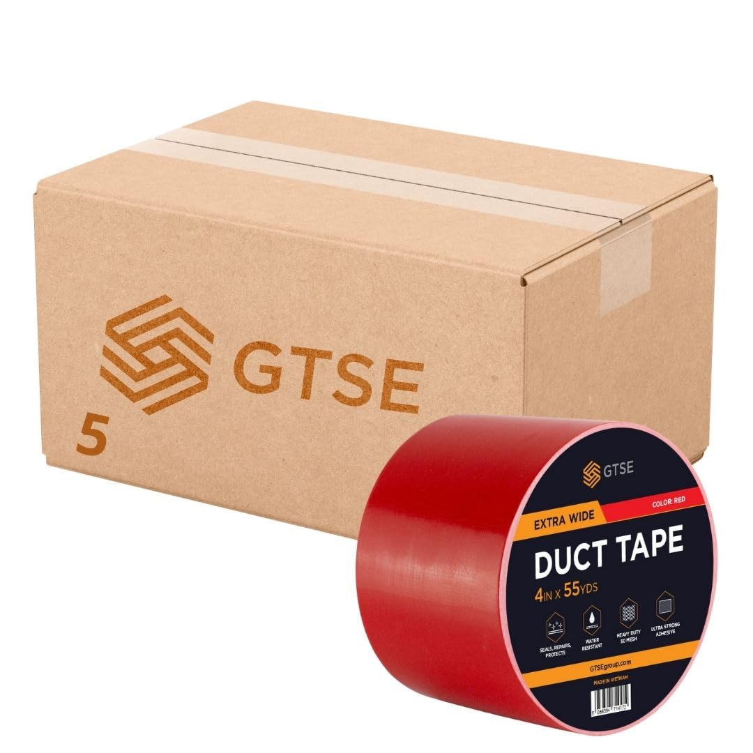 GTSE 5 Rolls 100mm x 50m, Wide Red Duct Tape, 4” Waterproof Strong Adhesive Gaffer Tape for Patching, Sealing, Securing Cables and Labelling, Heavy Duty Tape