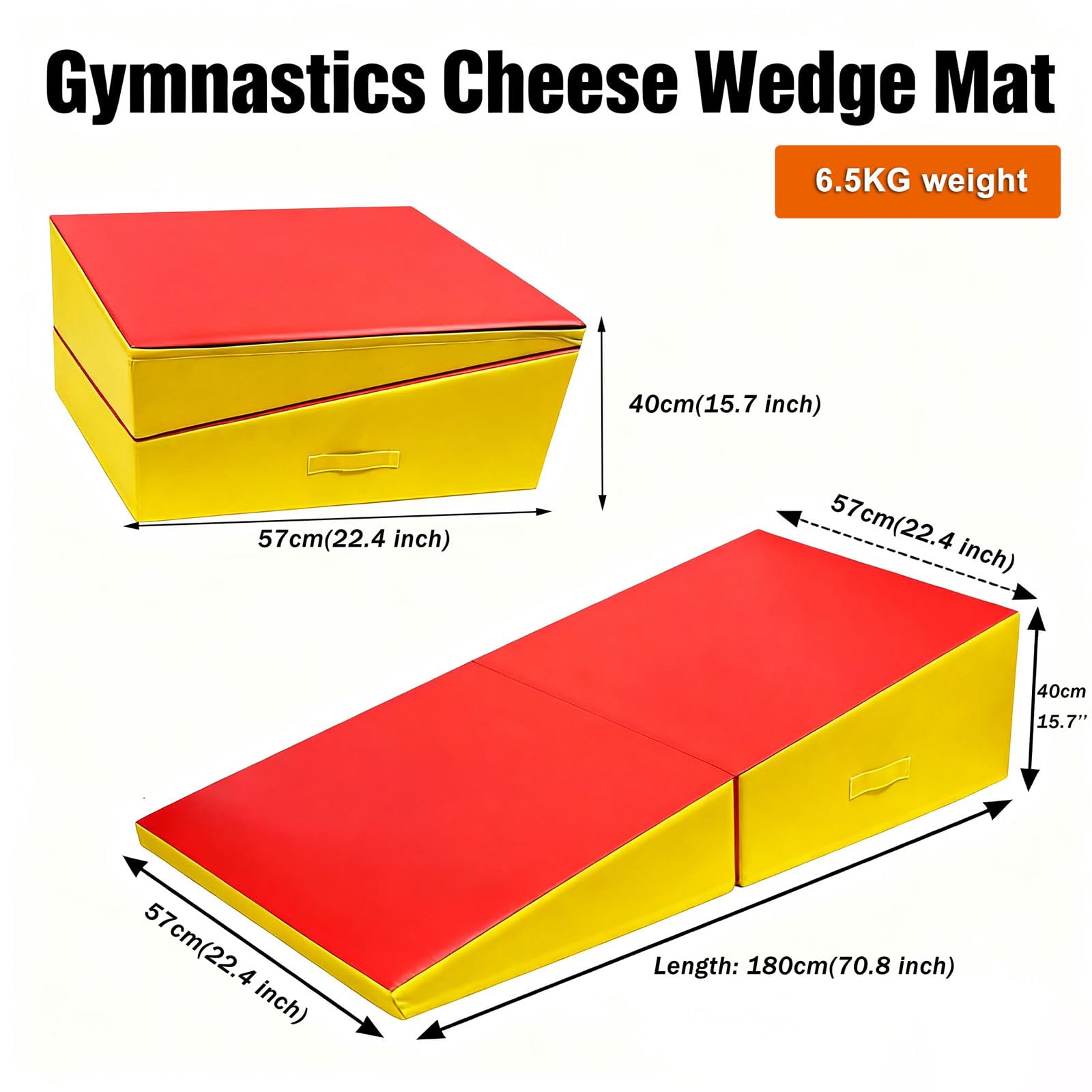 Tappetino da Ginnastica Inclinato Pieghevole, 187x57x40cm con Manico Trasporto e Superficie Antiscivolo, per Allenamento Casa, Palestra, Yoga, Aerobica F(Size:187*57*40cm/73*22*15in,Color:rosso/yellw)
