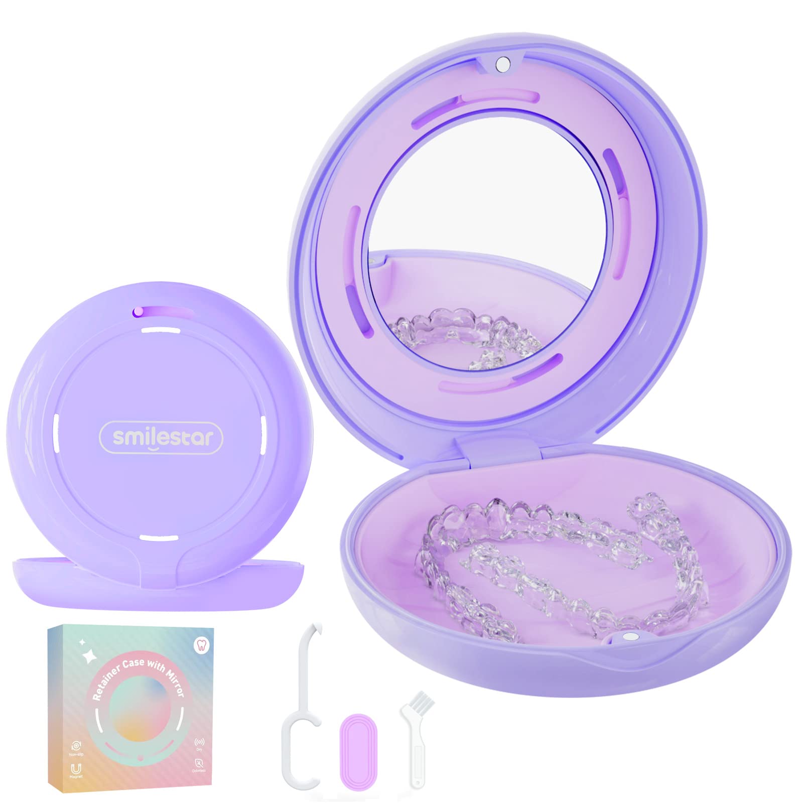 HEMILAB® Retainer Case, Slim Aligner Case with Mirror, Compatible with Invisalign, Cute Retainer Case with Vent Holes, 2 in 1 Aligner Removal Tool & Chewies, Purple