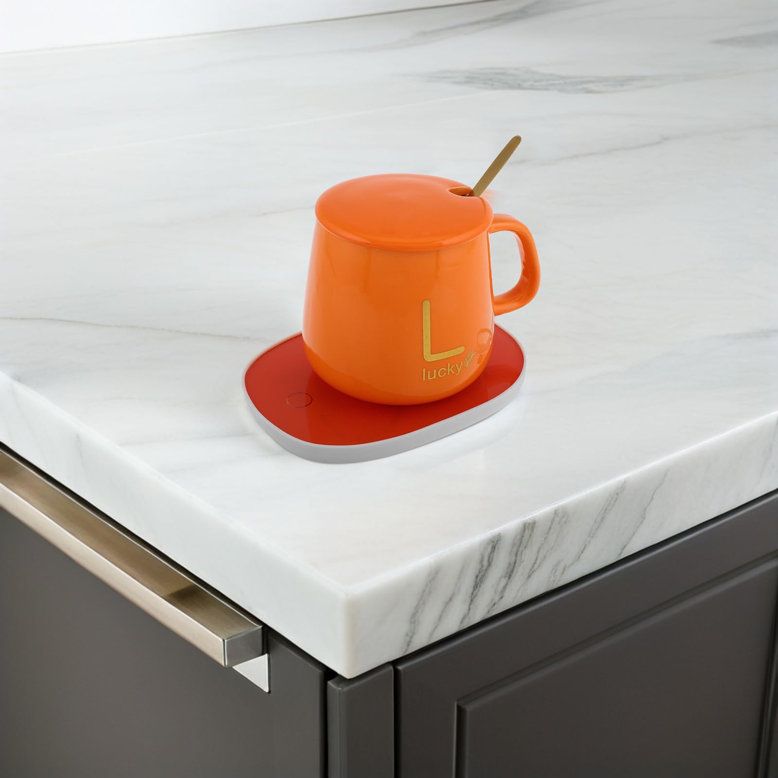Calentador Eléctrico de Tazas de Cerámica Naranja con Apagado Automático Taza de Viaje Termo USB 5v Mantiene Bebidas Calientes para Café Té y Chocolate Adecuado Obsequio para