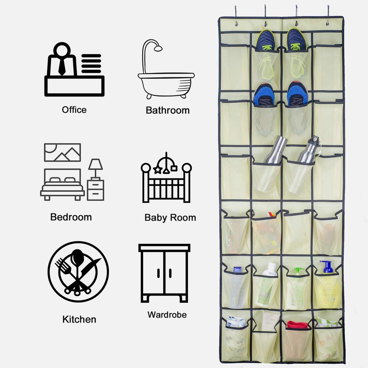Shoe Organizer Hanging Over the Door, 24 Large Mesh Pockets Shoe Storage with 4 Hooks for Bedroom Closet, 59 X 21.6, BEIGE
