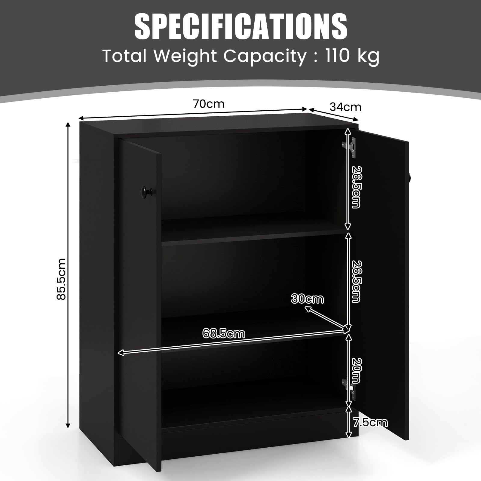 KOMFOTTEU Credenza da Cucina con 2 Ante, Mobile Buffet Basso con Dispositivi Antiribaltamento, Armadio Dispensa per Soggiorno, Sala da Pranzo, Camera da Letto, Ingresso, 72 x 34 x 85,5 cm (Nero)