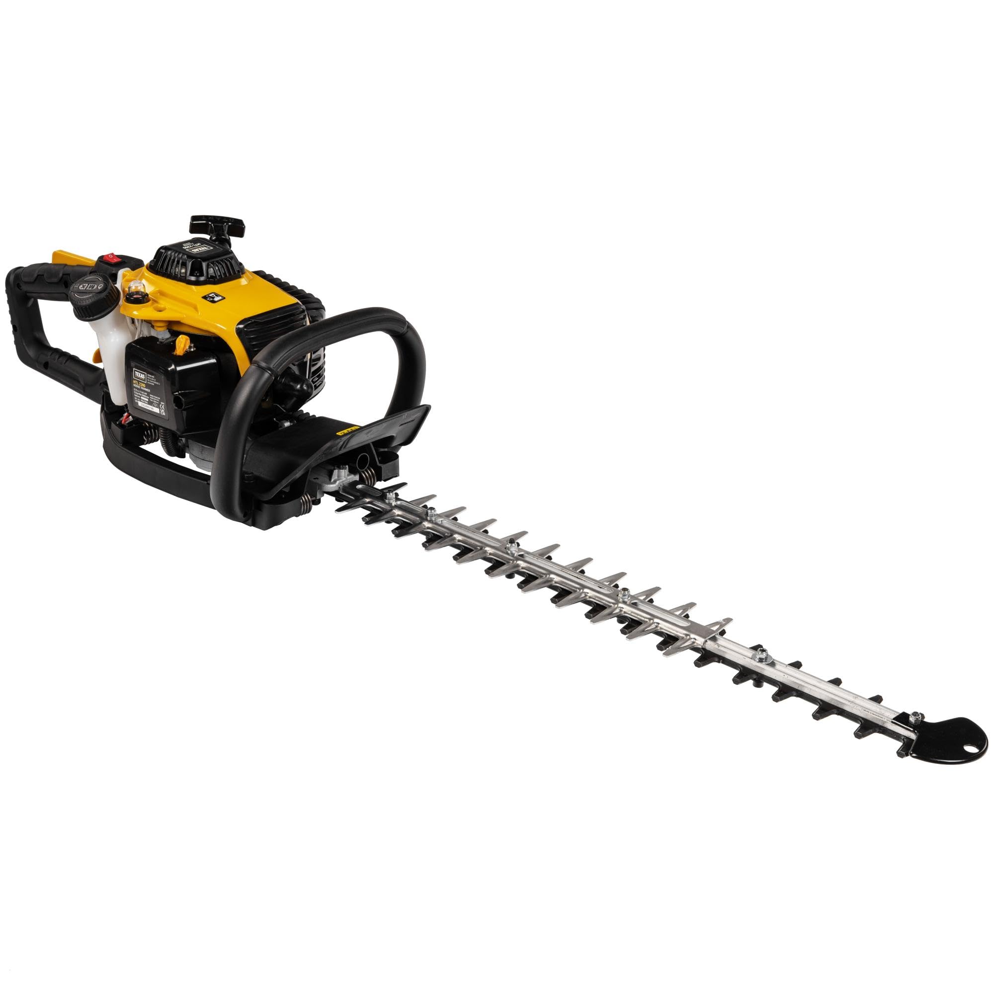TEXAS Profi Heckenschere Benzin HTL2300 56cm Schnittlänge | 28mm Schnittstärke | 2-Takt | 23ccm Hubraum | 650W | Doppelklinge | Seilzugstarter | drehbarer Handgriff 180°
