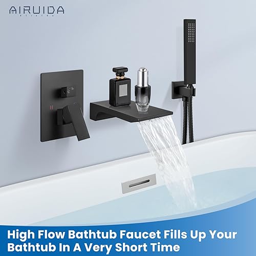 Miniatura 2 de Airuida Grifo de bañera de montaje en pared con boquilla de cascada, grifo de bañera montado en la pared con ducha de mano de una sola manija, juego