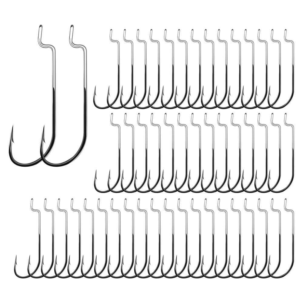 Offset Fishing Hook, 50PCS Wide Gap Worm Fishhooks High Carbon Steel Barbed Bass Fishing Hooks for Catfish Trout 1/0 2/0 3/0 4/0