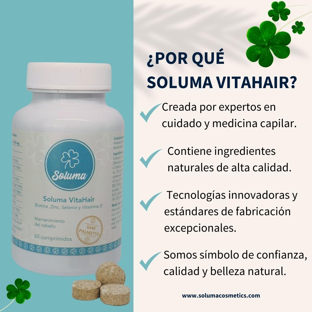 Vitaminas para el pelo - Crecimiento y Anticaida Cabello Hombre con Saw Palmetto, Biotina, Zinc, Selenio, L-Cisteina - Vitaminas capilares Hair Complex SOLUMA VITAHAIR