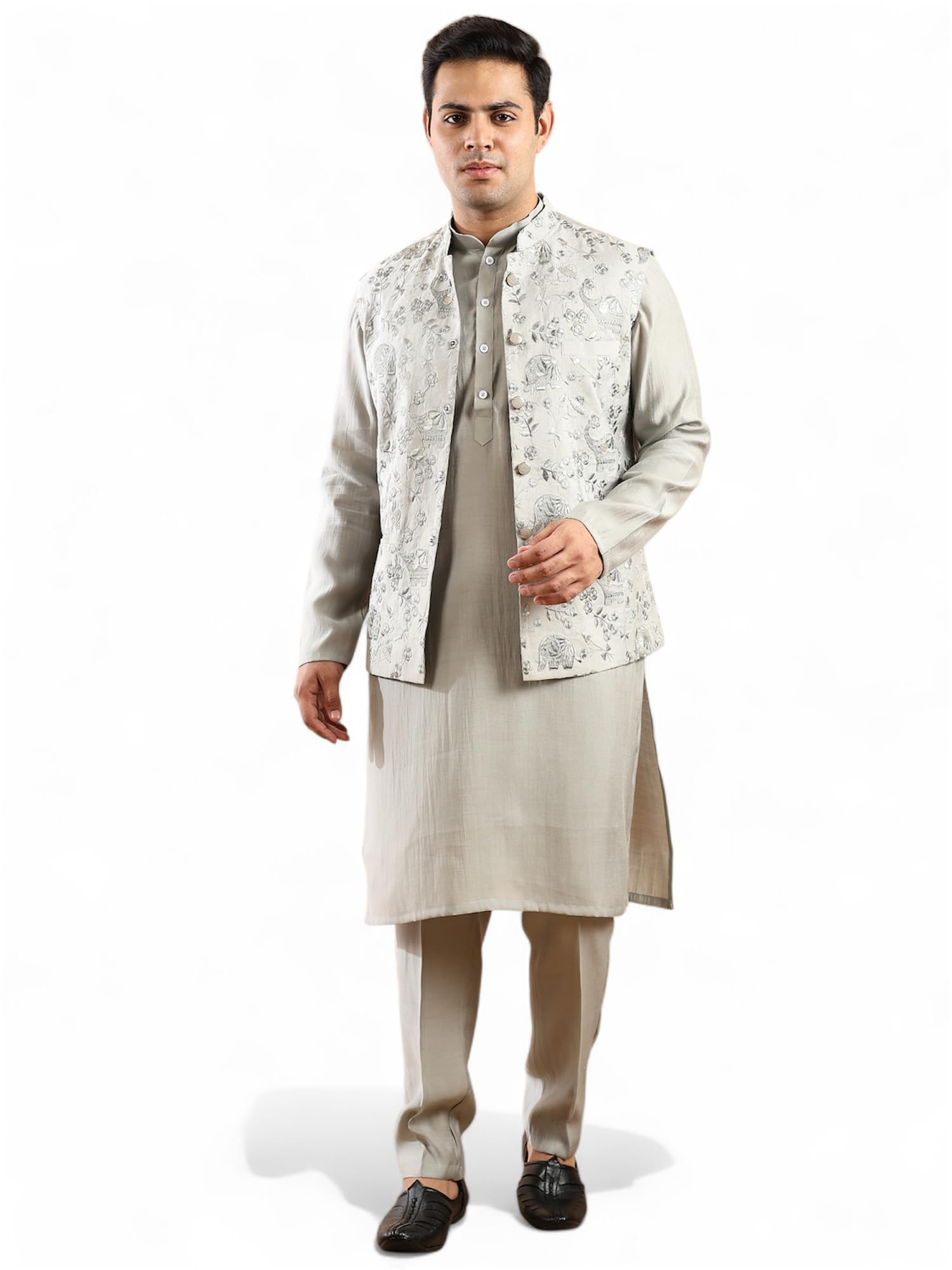 ethluxis Mens Traditional Kurta Set with Designer Embroidered Nehru Jacket, Embroidered Ethnic Wear Collection, Cotton and Silk Blend-picture-5