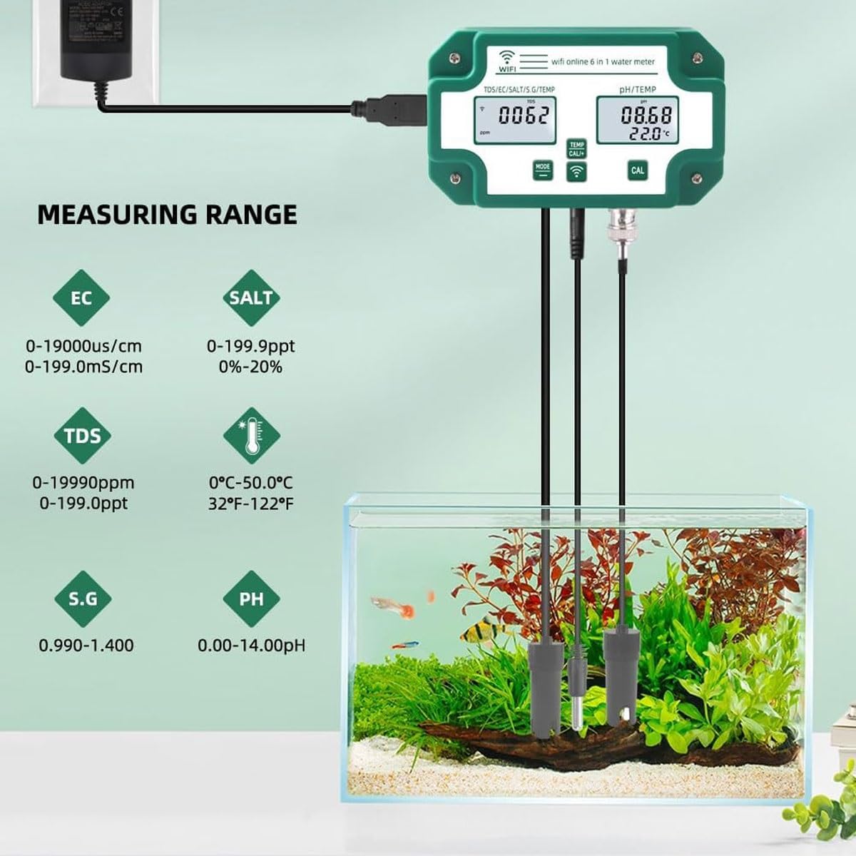 Wasserqualitätsmonitor, Digital WiFi PH EC TDS SALT SG Temperaturmessgerät Aquarium Analyzer Datenlogger für Labor und Hydrokultur