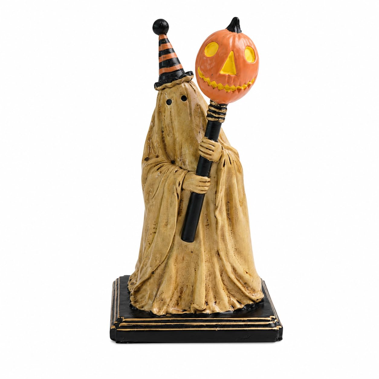 Statuetta fantasma vintage illuminata con bastone di zucca | Decorazione da tavolo in resina per Halloween con luce calda color ambra