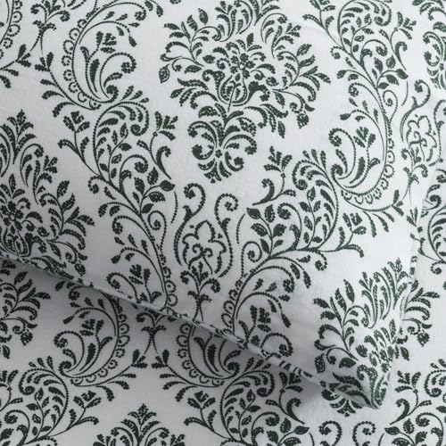 Image of Tahari Home Queen Size 4-Piece Bedding Set - 2 Sheets & 2 Matching Pillowcases | Fitted & Flat Sheets | Cozy & Warm Brushed Flannel | Soft & Breathable | Durable & Wrinkle Resistant | Damask Green