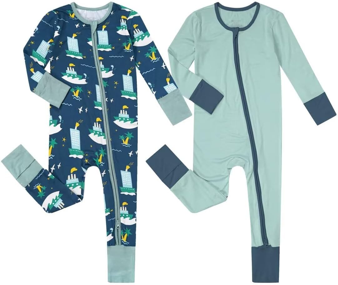 Teach Leanbh Unisex Baby 2 Pack Bamboo Viscose Pajamas with Mittens and Feet Cuffs 2 Way Zipper Long Sleeve Romper