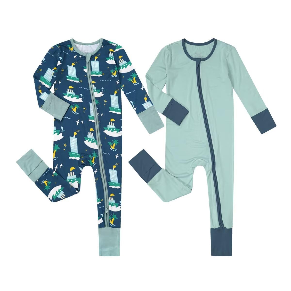 Teach Leanbh Unisex Baby 2 Pack Bamboo Viscose Pajamas with Mittens and Feet Cuffs Soild 2 Way Zipper Long Sleeve Romper Sleep and Play (0-3 Months, Steamship+Green)
