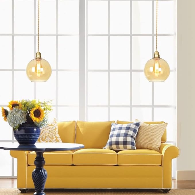 Mjsdjof Moderne Retro Hanglamp Plafondverlichtingsarmaturen, Industriële Hanglamp Met Amber Glas | Textielkoord | Verstelbare hoogte keukenlamp voor hotels hal winkels café bar photo 2