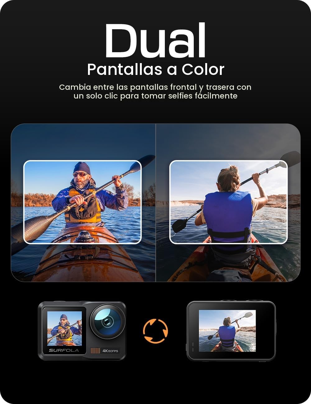 Surfola SF630 Cámara Deportiva 4K 60FPS, subacuática 40M Impermeable de Metal Desnudo 10M, WiFi, para Casco EIS, Videocámara de Pantalla Dual con 2 Baterías x1350mAh