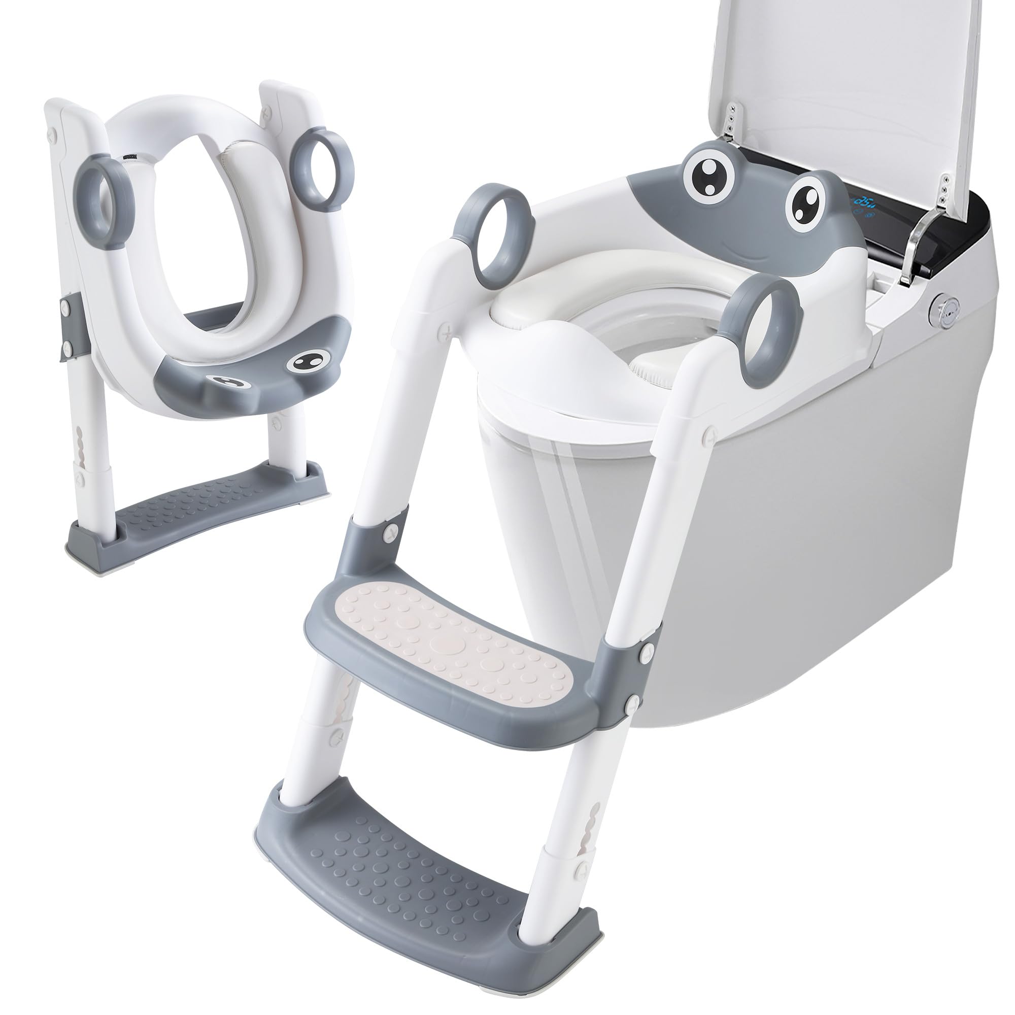 Riduttore WC per Bambini, Sedile per WC per Bambini con Scaletta,Con Corrimano di Sicurezza, Cuscino in PVC, Pieghevole, Adatto a Bambini da 1 a 7 Anni (Grigio Bianco)