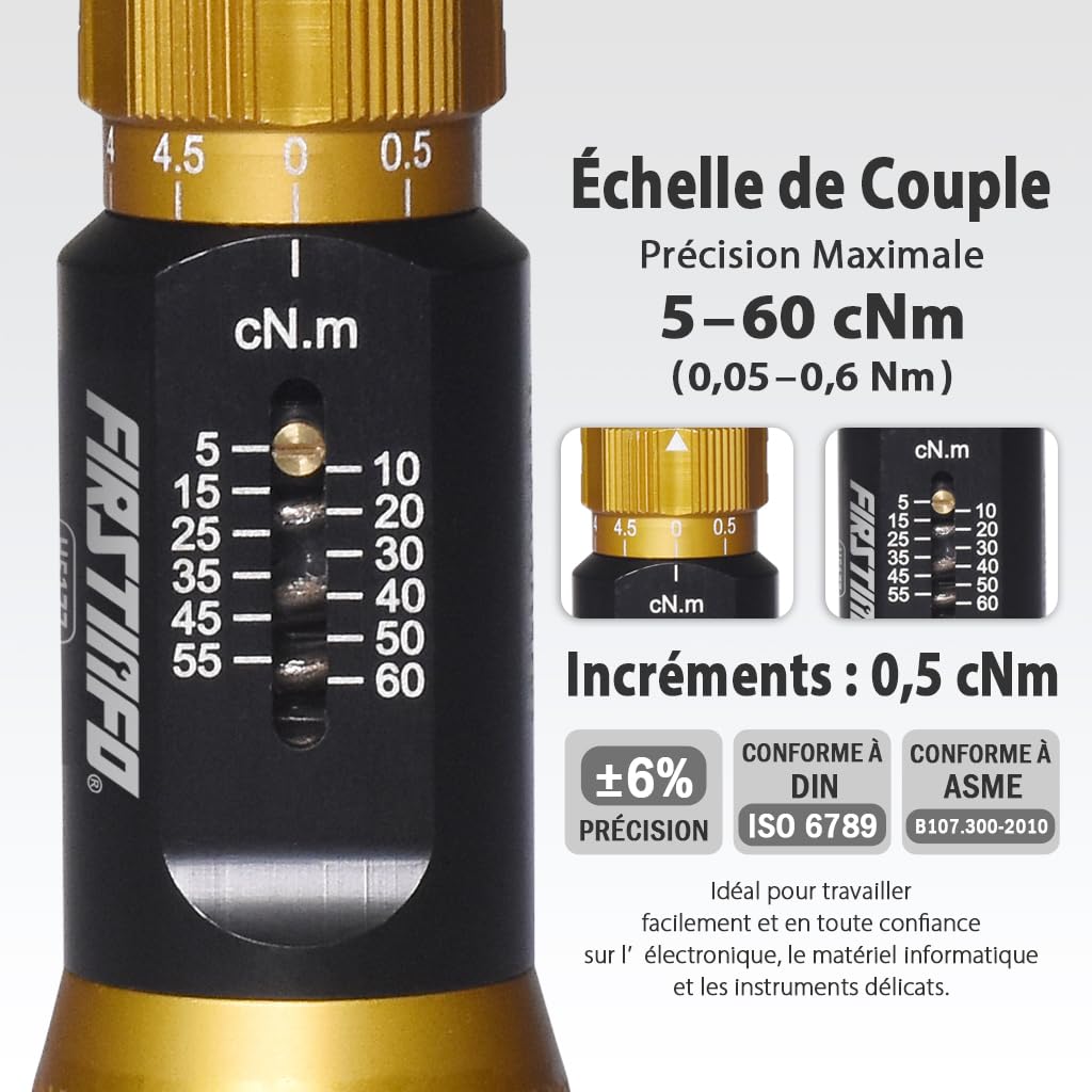 FIRSTINFO Tournevis Dynamométrique de Précision 1/4" Hex 5-60 cNm ASME ISO