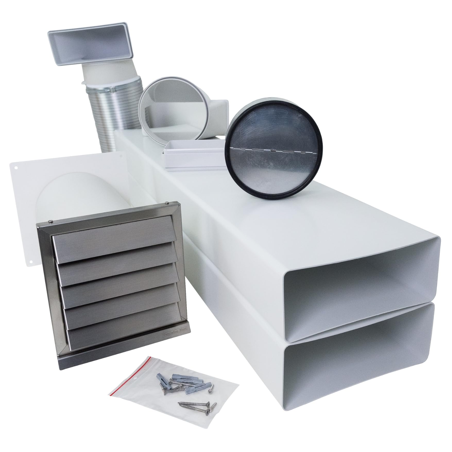 VentilationNord Mauerkasten Set mit Mauerkasten 150, Flachkanal-Set, Wetterschutz-Lüftungsgitter mit feststehenden Lamellen & Teleskoprohr Ø 150 | Mauerdurchführung Set