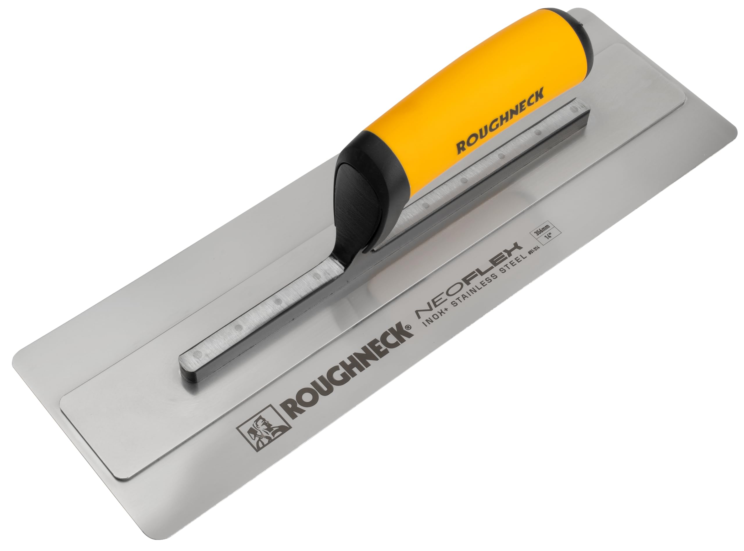 Roughneck NEOFLEX Plastering Finishing Trowel 114mm x 356mm (4½" x 14") –Hi-Flex Austenitic Stainless Steel Blade, Central Spine, Radiused Corners, 0.4mm Ultra-Flexible Blade & Soft Grip Handle