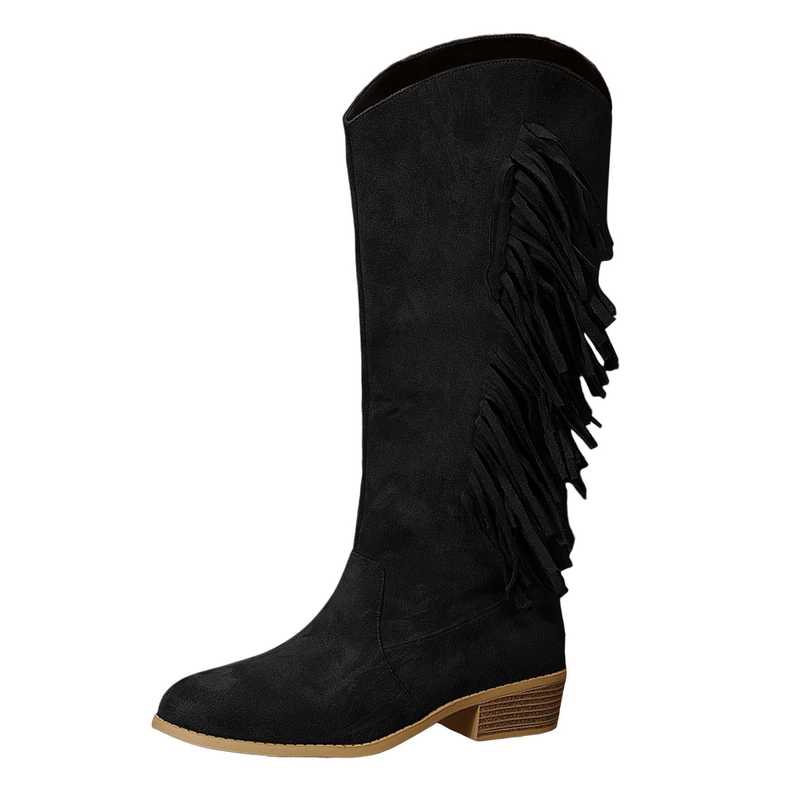 Botas por Encima de la Rodilla Botas de Ante con Flecos a Media para Mujer, Talla Grande, Estilo Europeo y Americano, para otoño/Invierno, con Punta Puntiaguda y tacón bajo.