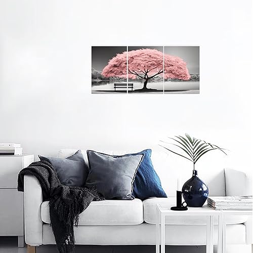 Miniatura 5 de DOARTDO Juego de 3 piezas de arte para pared de árbol rosa, lienzo impreso en blanco y negro, paisaje, decoración de pared para dormitorio y hogar