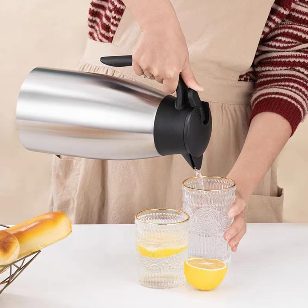Thermo-Kaffeekaraffe, 2 l, isolierter Edelstahl, doppelwandige Vakuum-Topfflasche – Heißgetränke-Spender/Wasser, Tee, hält 12/24 Stunden heiß/kalt (Silber)