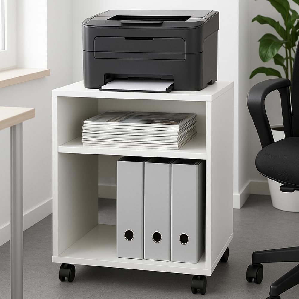 BAKAJI Mobile Ufficio Porta Stampante con Ruote Salvaspazio, Mobiletto Multiuso con 2 Scomparti e 3 Ripiani, Tavolino per Casa, Bagno, Studio in Legno Bianco 40 x 35 x 60 cm