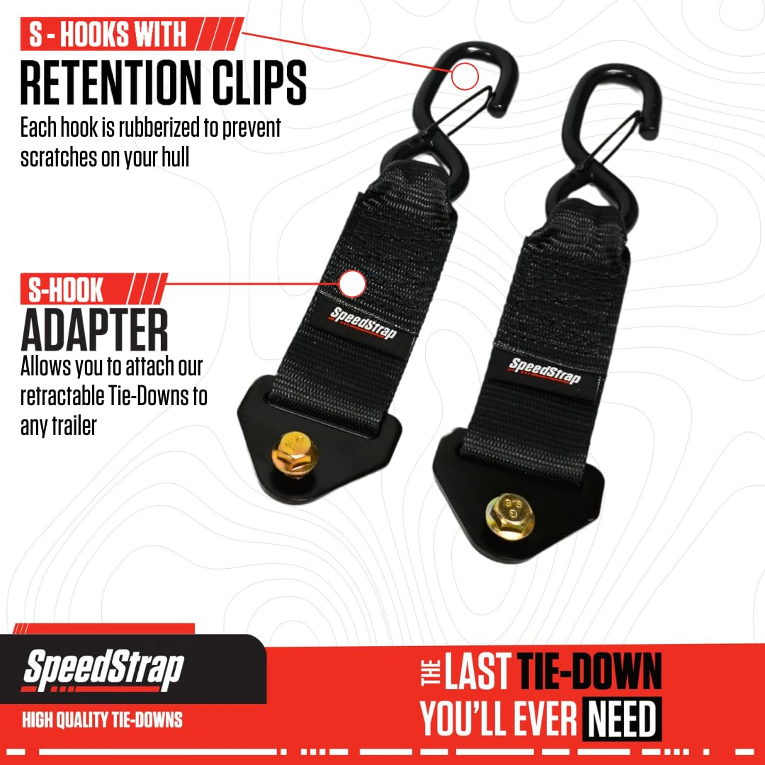 SpeedStrap 2” x 10” Rubberized Marine S-Hook Adapters with Retention Clips - 3,000 lb Capacity, for Retractable Transom Tie-Down Straps, Heavy Duty Waterproof S-Hooks for Secure Transport - (2 Pack)