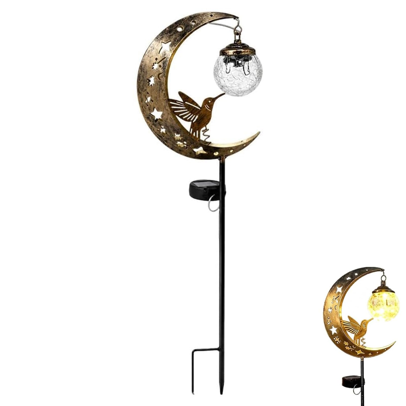 GUUZETU Hummingbird Moon Solar Garden Stake Light, Waterproof Metal Crescent Moon Decor with Crackle Glass Globe, Solar Powered Warm White LED Pathway Lamp for Yard Lawn Patio Walkway