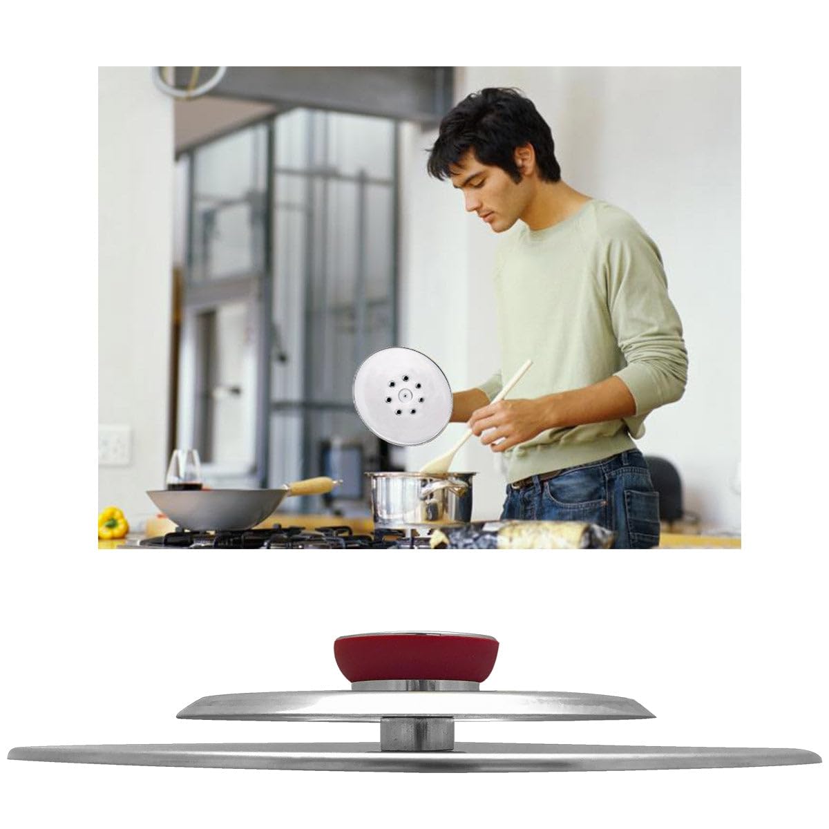 Coperchio Magico Antiodore Ø35 cm Ventur Magic in Acciaio Inox Pomolo in Bachelite Cooker Rosso