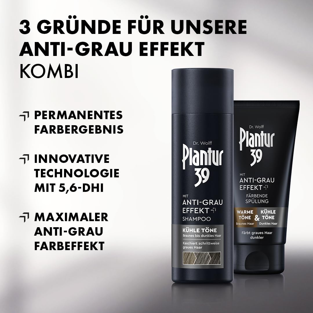 Plantur 39 Anti-Grau Effekt - Set aus Shampoo 200 ml und färbender Spülung 150 ml - Für kühle Töne und dunkles Haar - Kaschiert schrittweise graues Haar und färbt dunkler