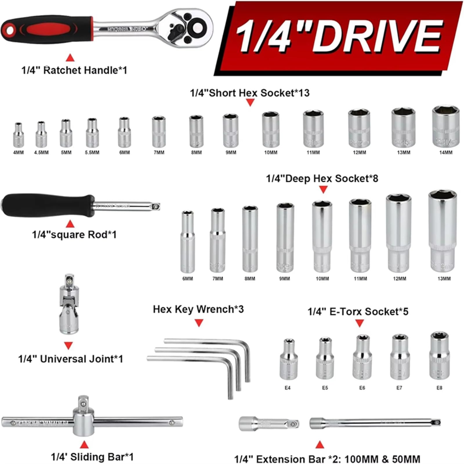 llaves Combinadas Juego De Llaves De Vaso De 108 Piezas Caja De Trinquete Para Coches Con Llaves De Tubo De Trinquete Reversibles De 1/4 "y 1/2" Juego De Puntas