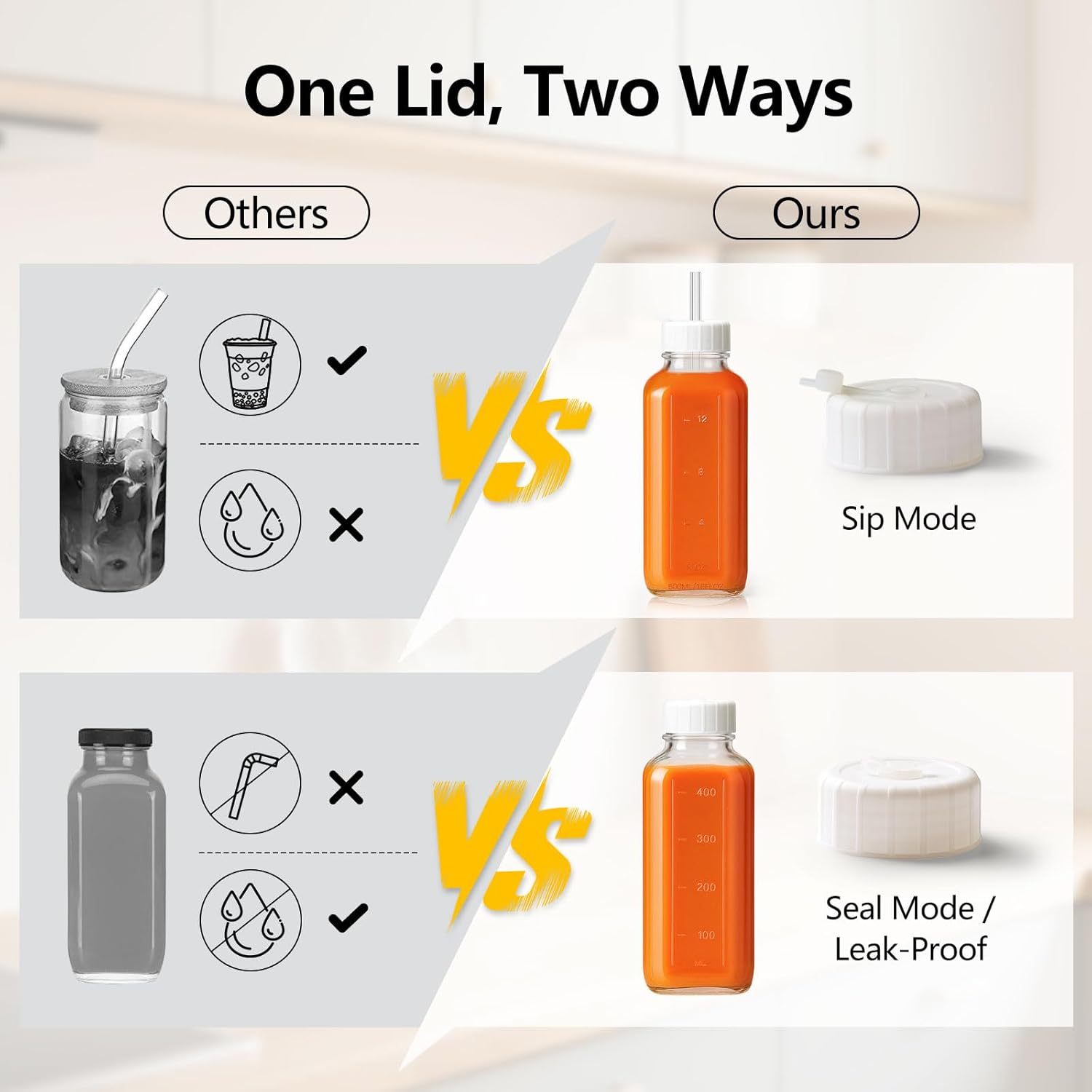 Ruckae 16oz 8 Pack Glass Juice Bottles with Lids - Reusable Square Glass Juice Bottles with Leak-Proof Lid & Capacity Marks for Containers Juicing,Milk,Smoothies - Image 4