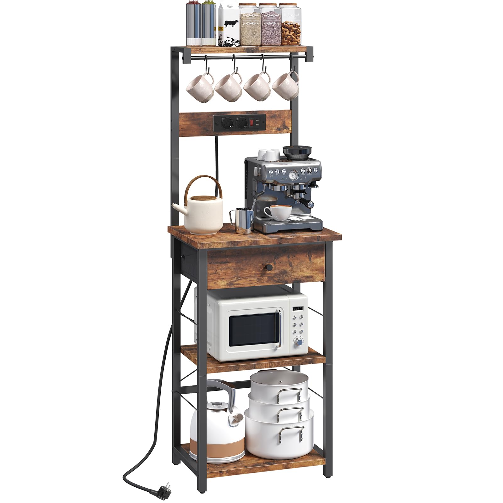 HOOBRO Keukenplank met stekkerdoos, staande plank, bakkersrek, magnetronrek met 5 S-vormige haken, koffiebar, voor keuken, woonkamer, retro bruin en zwart EBF19CHB01