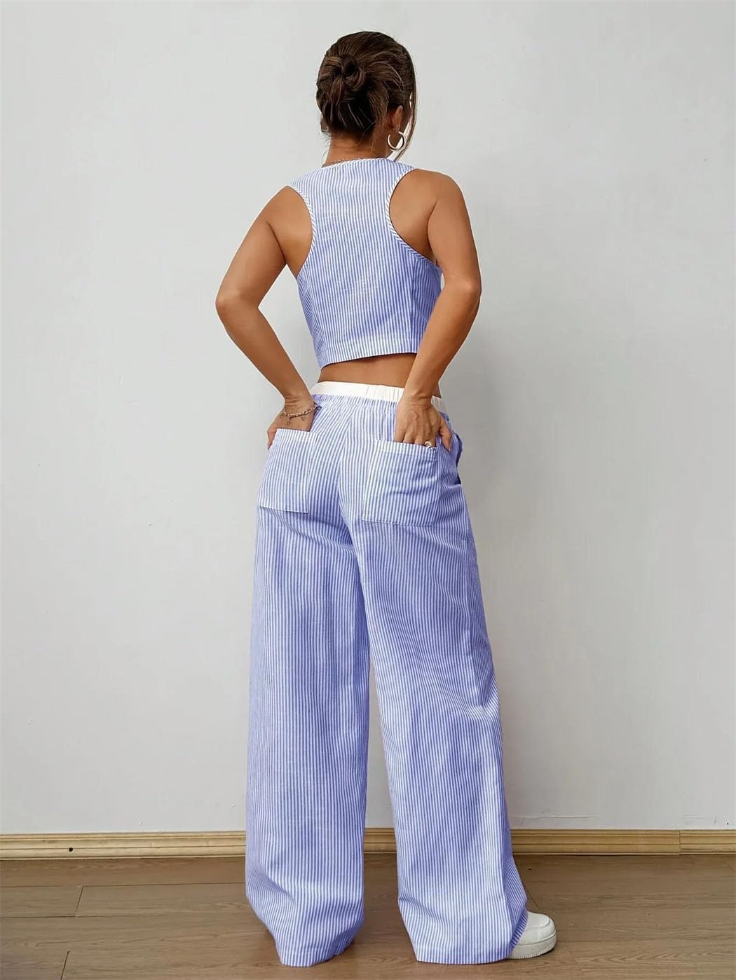 Women Summer Striped Trousers Set Loose Street Style Sleeveless Vest Single Breasted Top Two Piece