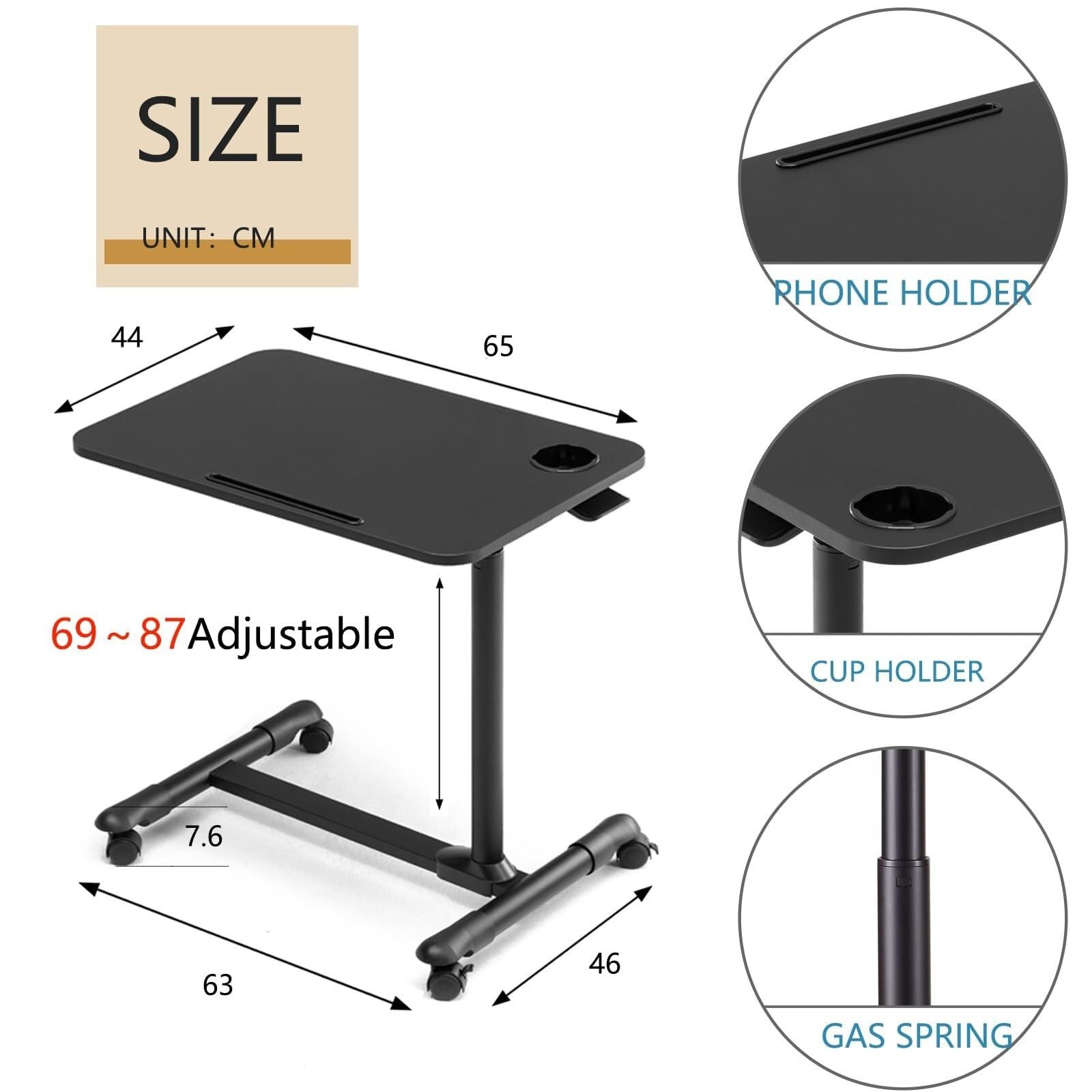 Table de lit réglable avec roulettes et plateau pivotant, table d'hôpital pour ordinateur portable (noir)