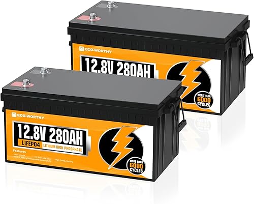 ECO-WORTHY LiFePO4 - Paquete de 2 baterías de litio de 12 V 280 Ah, más de 6000 ciclos profundos, fosfato de hierro y litio, 7168 Wh, soporte en